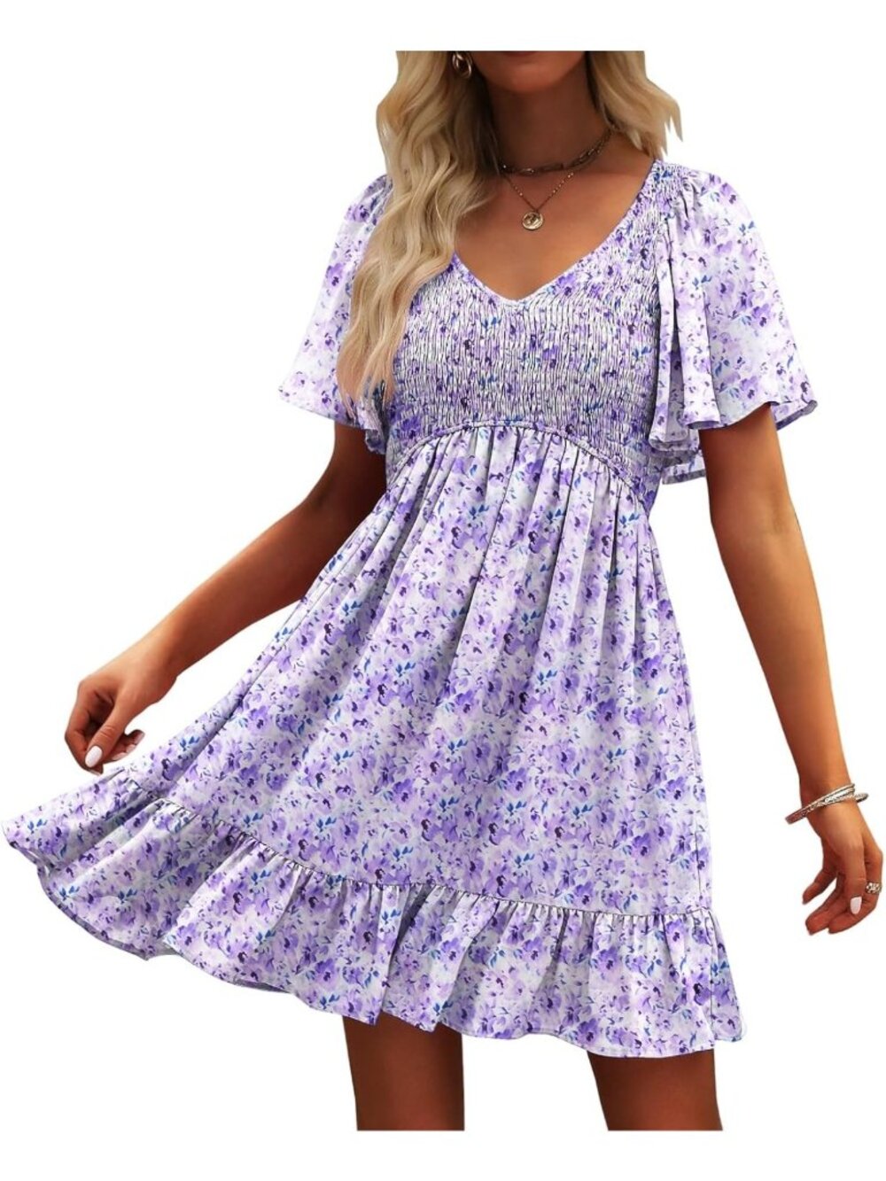 Floral Smocked V-Neck Summer Dress for Women - Casual, Lightweight, Perfect for